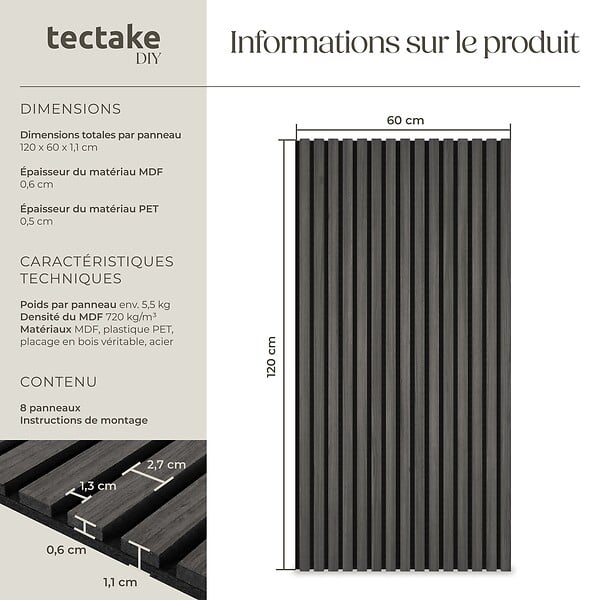 TECTAKE - Lot de 8 panneaux acoustiques 3d en placage en bois véritable chêne noir feutre insonorisant découpables 120 x 60 cm - large