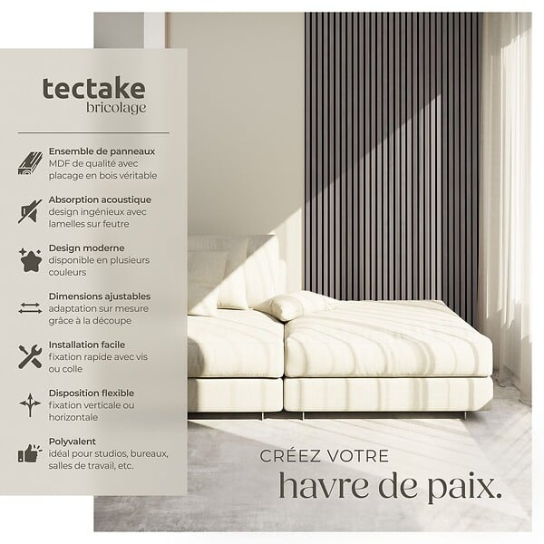 TECTAKE - Lot 8 panneaux acoustiques placage en bois chêne gris clair 120x60 cm feutre insonorisant - large