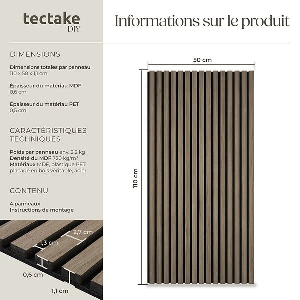 TECTAKE - Lot de 4 110 x 50 cm en placage en bois véritable 3d feutre insonorisant découpables chêne foncé panneaux acoustiques bois décoratifs - large