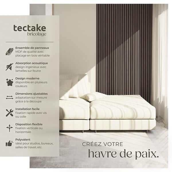 TECTAKE - Lot de 8 panneaux acoustiques 120 x 60 cm en mdf placage en bois véritable chêne gris 3d feutre insonorisant découpables - large