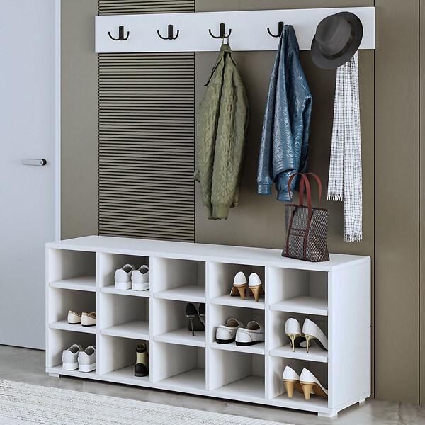 HABITAT ET JARDIN - Meuble à chaussures avec porte manteau en bois "Talu" - 120 x 30 x 52 cm - Blanc - large