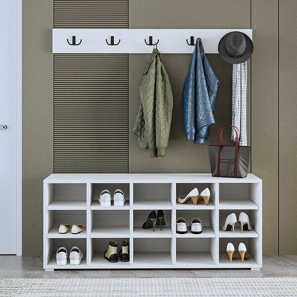 HABITAT ET JARDIN - Meuble à chaussures avec porte manteau en bois "Talu" - 120 x 30 x 52 cm - Blanc - large