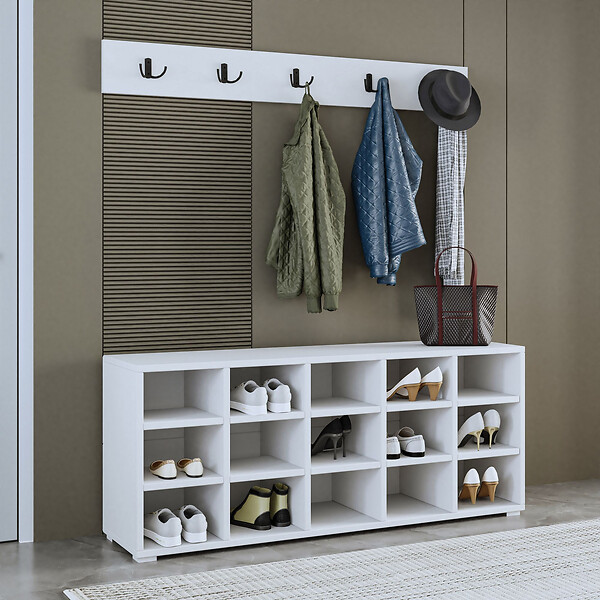 HABITAT ET JARDIN - Meuble à chaussures avec porte manteau en bois "Talu" - 120 x 30 x 52 cm - Blanc - large