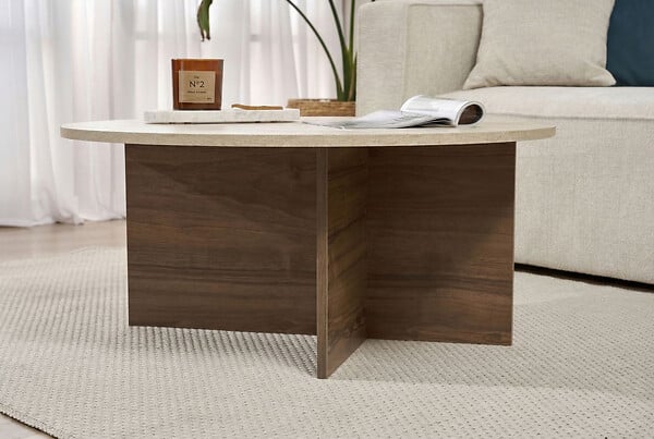 HABITAT ET JARDIN - Table basse en bois "Soleil" - 90 x 90 x 40 cm - Travertin - large