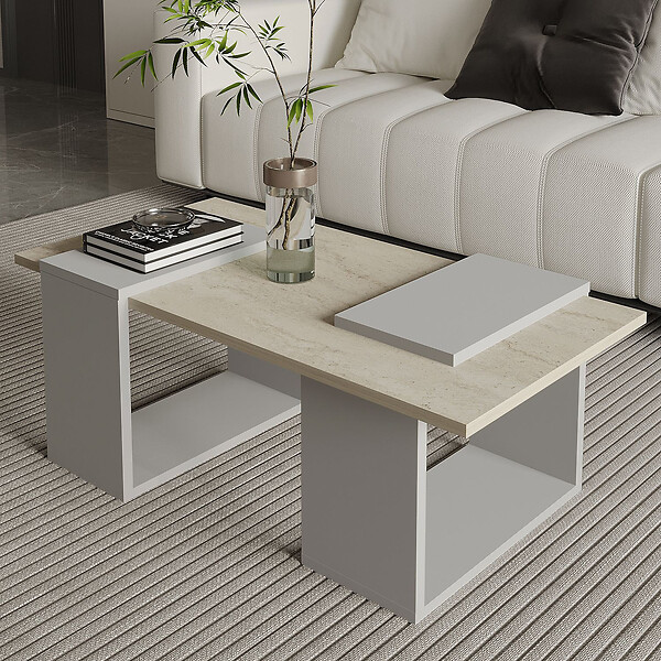 HABITAT ET JARDIN - Table basse en bois "Matris" - 90 x 46 x 37 cm - Travertin - large