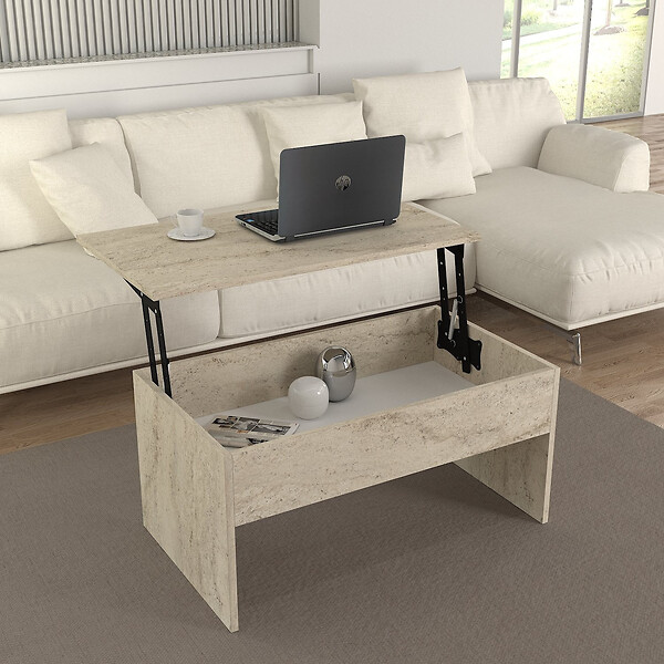 HABITAT ET JARDIN - Table basse avec coffre de rangement en bois "Akilli" - 90 x 45 x 52 cm - Travertin - large
