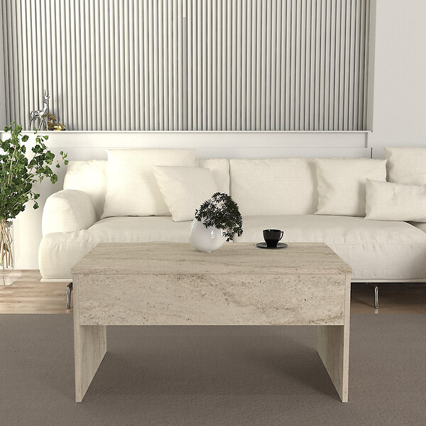 HABITAT ET JARDIN - Table basse avec coffre de rangement en bois "Akilli" - 90 x 45 x 52 cm - Travertin - large