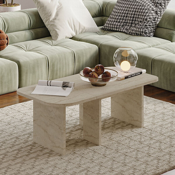 HABITAT ET JARDIN - Ensemble tables basses en bois "Iris" - 90 x 45 x 35 cm - Travertin - large