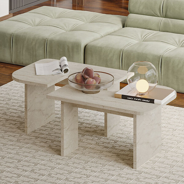 HABITAT ET JARDIN - Ensemble tables basses en bois "Iris" - 90 x 45 x 35 cm - Travertin - large