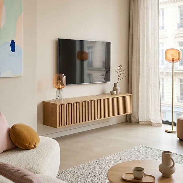 OVIALA - Meuble TV suspendu 160 cm scandinave bois clair - Ivy - large
