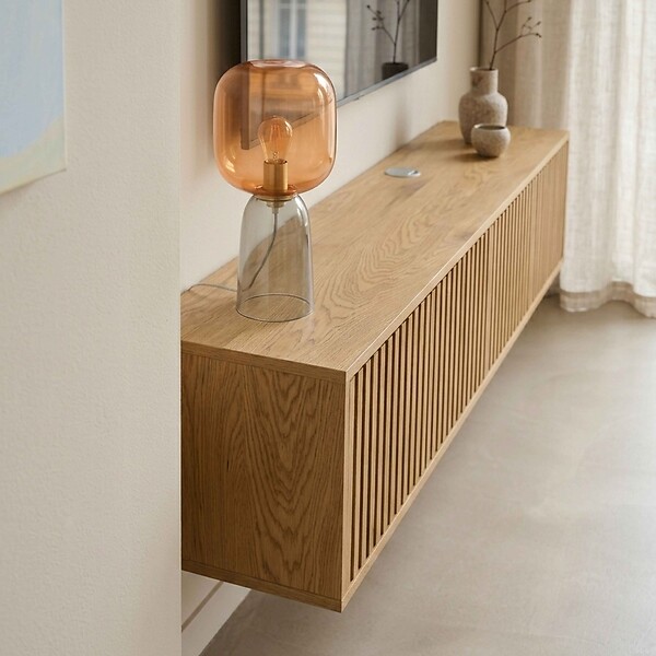 OVIALA - Meuble TV suspendu 160 cm scandinave bois clair - Ivy - large