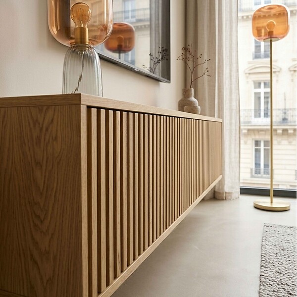 OVIALA - Meuble TV suspendu 160 cm scandinave bois clair - Ivy - large