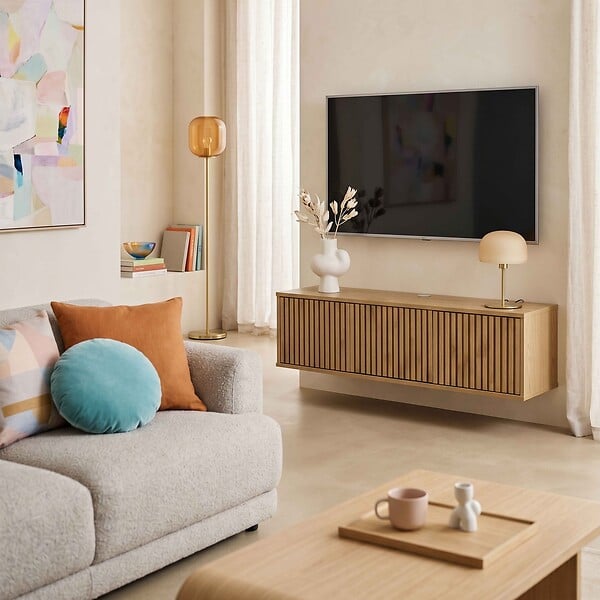 OVIALA - Meuble TV suspendu 120 cm scandinave bois clair - Ivy - large