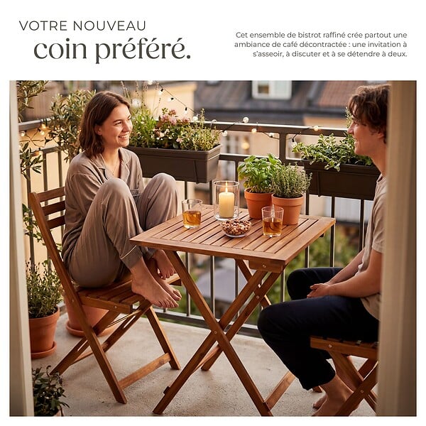TECTAKE - Ensemble de bistrot marron pliable résistant aux intempéries pour 2 personnes en bois d'acacia huilé et acier galvanisé - large