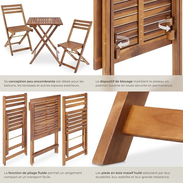 TECTAKE - Ensemble de bistrot marron pliable résistant aux intempéries pour 2 personnes en bois d'acacia huilé et acier galvanisé - large