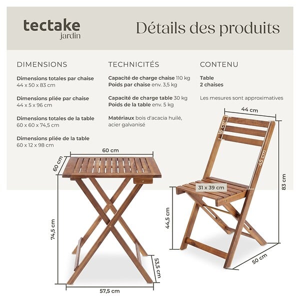 TECTAKE - Ensemble de bistrot marron pliable résistant aux intempéries pour 2 personnes en bois d'acacia huilé et acier galvanisé - large