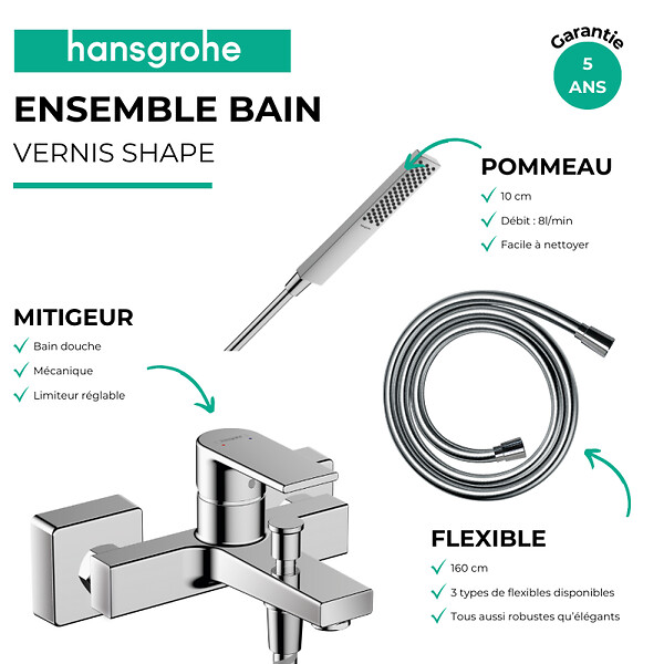 HANSGROHE - Pack mitigeur bain douche mécanique Vernis Shape C2 + Flexible Isiflex + Pommeau Pulsify E 100 EcoSmart chromé - large