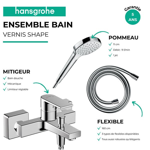 HANSGROHE - Pack mitigeur bain douche mécanique Vernis Shape C2 + Flexible Designflex + Pommeau Croma Select E EcoSmart blanc/chromé - large