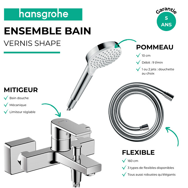 HANSGROHE - Pack mitigeur bain mécanique Vernis Shape C2 + Flexible Designflex + Pommeau Vernis Blend 100 EcoSmart 2jets chromé - large