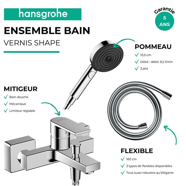 HANSGROHE - Pack mitigeur bain mécanique Vernis Shape C2 + Flexible Designflex+Pommeau Pulsify Select EcoSmart 105 3jets chromé - large