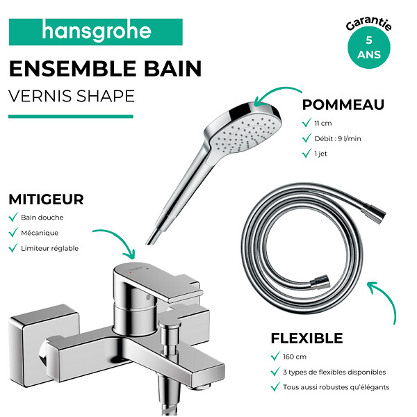 HANSGROHE - Pack mitigeur bain douche mécanique Vernis Shape C2 + Flexible Metaflex + Pommeau Croma Select E EcoSmart blanc/chromé - large