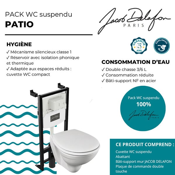 JACOB DELAFON - Pack WC suspendu compact Patio + bâti support + plaque blanche - large