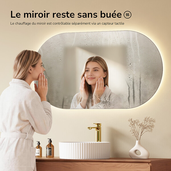 EMKE - EMKE Miroir de salle de bain LED Ovale 50x90 cm, Anti-buée, interrupteur tactile, 3 couleurs de lumière réglable, Mémoire - large