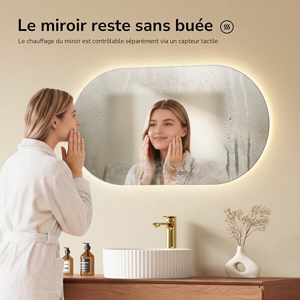 EMKE - EMKE Miroir de salle de bain LED Ovale 45x75 cm, Anti-buée, interrupteur tactile, 3 couleurs de lumière réglable, Mémoire - large
