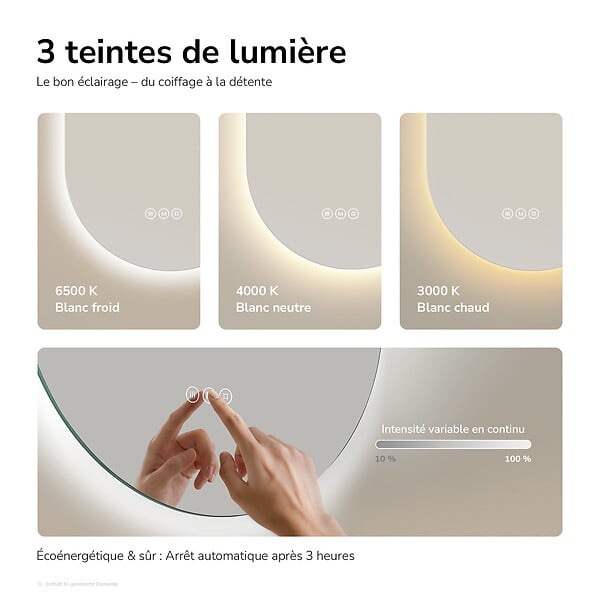 EMKE - EMKE Miroir de salle de bain LED Ovale 45x75 cm, Anti-buée, interrupteur tactile, 3 couleurs de lumière réglable, Mémoire - large
