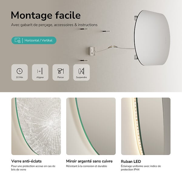 EMKE - EMKE Miroir de salle de bain LED Ovale 45x75 cm, Anti-buée, interrupteur tactile, 3 couleurs de lumière réglable, Mémoire - large