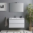 KIAMAMI VALENTINA - Meuble De Salle De Bains Suspendu 90Cm 2 Tiroirs Blanc Brillant, Miroir Avec Lampe | Benaco - vignette