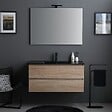 KIAMAMI VALENTINA - Meuble Salle De Bains 100Cm Chêne Avec Lavabo Noir Mat Et Miroir Avec Lampe | Berlin - vignette