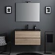 KIAMAMI VALENTINA - Meuble De Salle De Bains 90Cm 2 Tiroirs Chêne Avec Lavabo Noir, Miroir 90X70 Et Lampe | Berlin - vignette