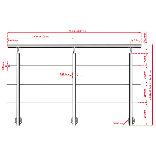 AICA SANITAIRE - Garde-corps en inox 304 Pose latérale - 200cm - Rampe escalier avec main courante et 3 traverses - Pour balcon, escalier - large