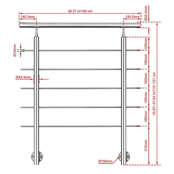 AICA SANITAIRE - Garde-corps en inox 304 Pose latérale - 100cm - Rampe escalier avec main courante et 5 traverses - Pour balcon, escalier - large