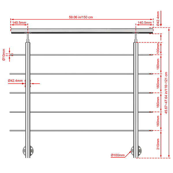 AICA SANITAIRE - Garde-corps en inox 304 Pose latérale - 150cm - Rampe escalier avec main courante et 5 traverses - Pour balcon, escalier - large