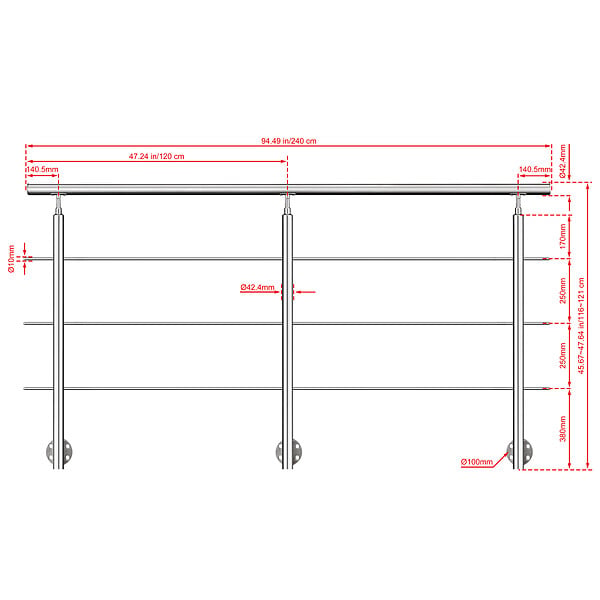 AICA SANITAIRE - Garde-corps en inox 304 Pose latérale - 240cm - Rampe escalier avec main courante et 3 traverses - Pour balcon, escalier - large