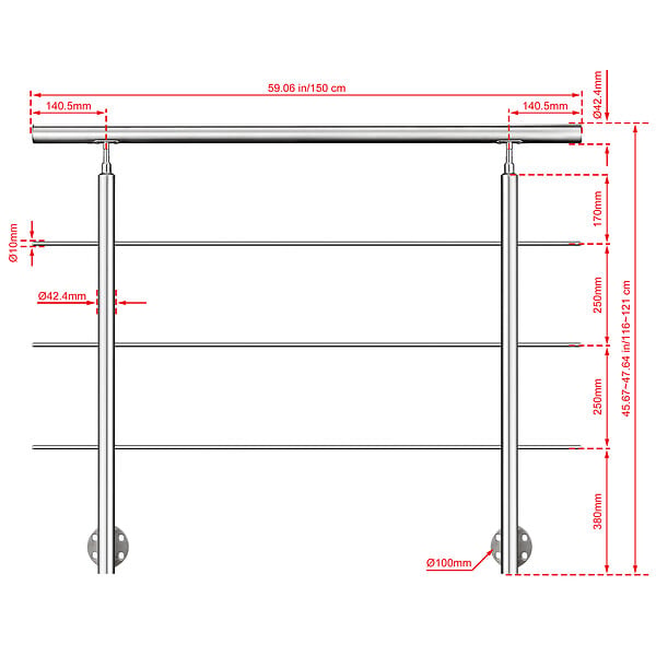AICA SANITAIRE - Garde-corps en inox 304 Pose latérale - 150cm - Rampe escalier avec main courante et 3 traverses - Pour balcon, escalier - large