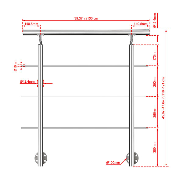 AICA SANITAIRE - Garde-corps en inox 304 Pose latérale - 100cm - Rampe escalier avec main courante et 3 traverses - Pour balcon, escalier - large
