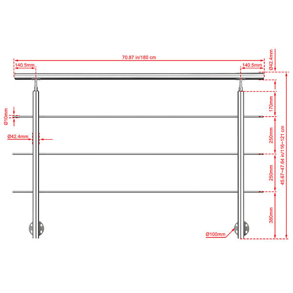AICA SANITAIRE - Garde-corps en inox 304 Pose latérale - 180cm - Rampe escalier avec main courante et 3 traverses - Pour balcon, escalier - large
