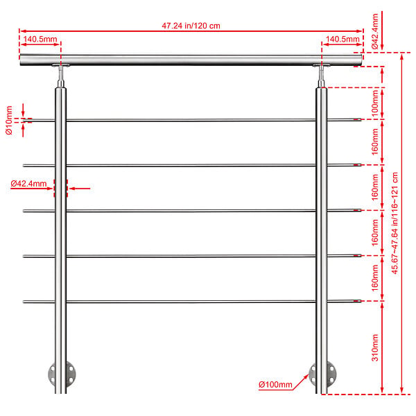 AICA SANITAIRE - Garde-corps en inox 304 Pose latérale - 120cm - Rampe escalier avec main courante et 5 traverses - Pour balcon, escalier - large