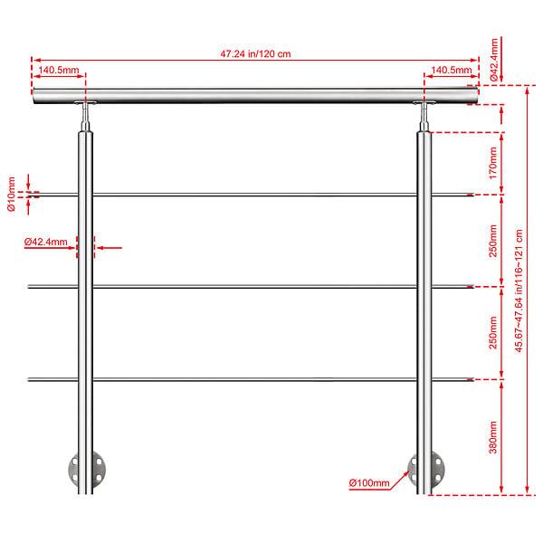 AICA SANITAIRE - Garde-corps en inox 304 Pose latérale - 120cm - Rampe escalier avec main courante et 3 traverses - Pour balcon, escalier - large