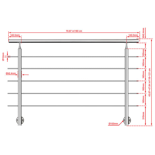 AICA SANITAIRE - Garde-corps en inox 304 Pose latérale - 180cm - Rampe escalier avec main courante et 5 traverses - Pour balcon, escalier - large
