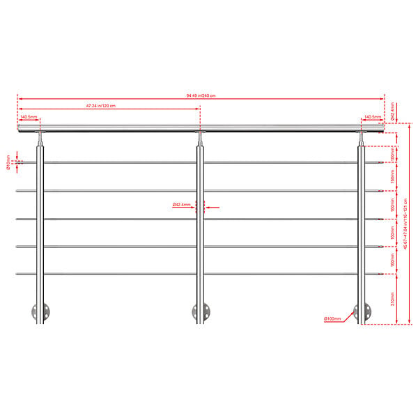 AICA SANITAIRE - Garde-corps en inox 304 Pose latérale - 240cm - Rampe escalier avec main courante et 5 traverses - Pour balcon, escalier - large