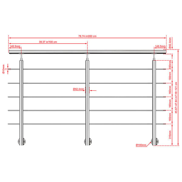 AICA SANITAIRE - Garde-corps en inox 304 Pose latérale - 200cm - Rampe escalier avec main courante et 5 traverses - Pour balcon, escalier - large
