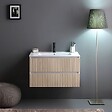 KIAMAMI VALENTINA - Meuble Salle De Bain Suspendu 80Cm Blanc Avec 2 Tiroirs Chêne Cannelé | Bilbao - vignette