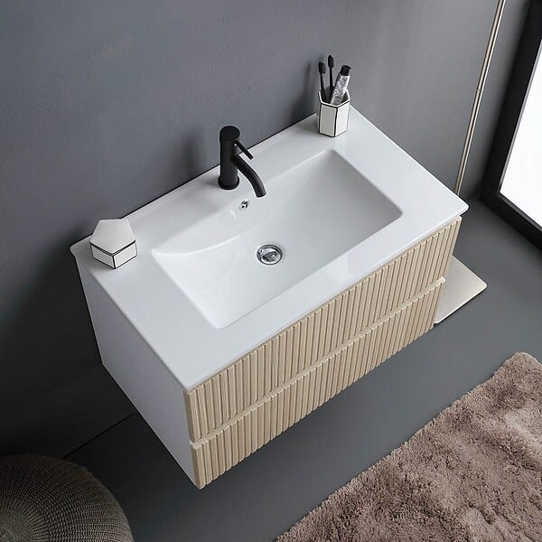 KIAMAMI VALENTINA - Meuble Salle De Bain Suspendu 80Cm Blanc Avec 2 Tiroirs Chêne Cannelé | Bilbao - large