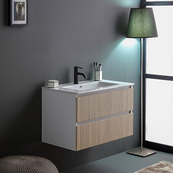 KIAMAMI VALENTINA - Meuble De Salle De Bains Suspendu 100Cm 2 Tiroirs Blanc Et Chêne Cannelé | Bilbao - large