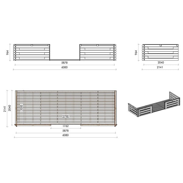 ALTANKA - Terrasse en bois avec balustrade pour abri en bois - 12m2 - 6m x 2m - couleur: naturel - DOM555 - large