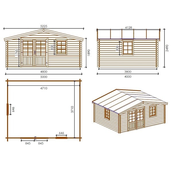 ALTANKA - Abri de jardin en bois - 20m2 - 5x4m - Traité - Ep. 45mm - Couleur: marron - DOM376 - large